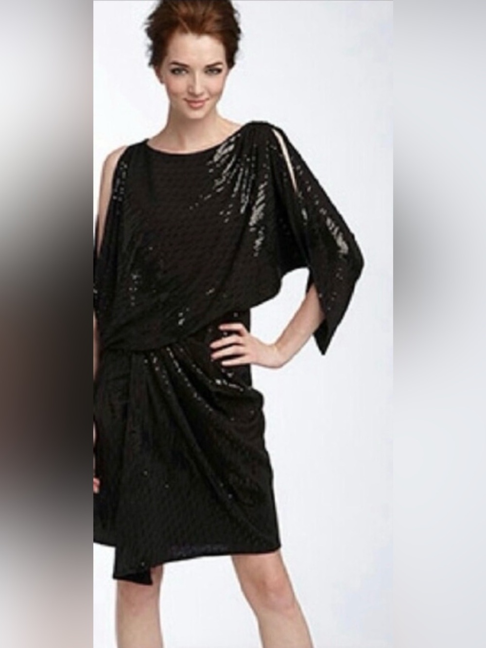 DAVID MEISTER Sequined Jersey Dress Size 4 Black Ruched Asymmetric Stretch Party